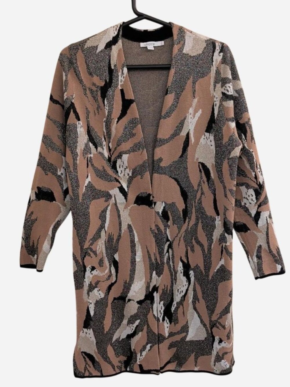 Chico’s Open Front Cardigan Sweater Size 1/Medium | Taupe Black Cream Gray
